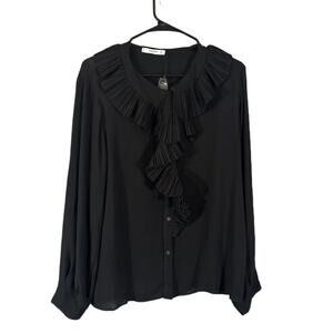 Mango Black Ruffled Trim Long Sleeve Linen Blend Career Blouse Women Sz 8